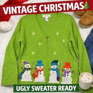 Vintage Christmas Snowman Cardigan Sweater Large Tiara International Holiday